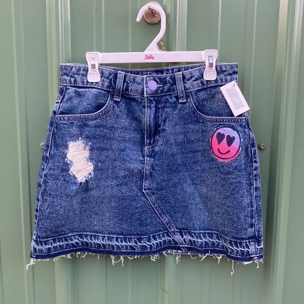 Justice Girls High Rise Icon Destructed Denim Skirt, Size XL 16/18
